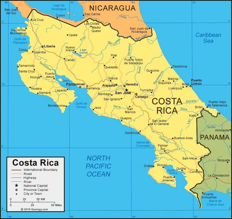 نقشه کاستاریکا، محصور بین دو اقیانوس آرام و اطلس