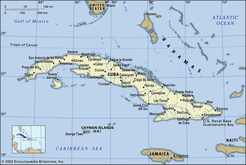 نقشه کوبا و همسایه هاش. گوانتانامو هم روی نقشه مشخص هست