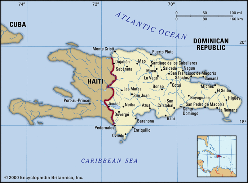 نقشه جمهوری دومینیکن که قسمت شرقی جزیره هیسپانیولا رو مال خودش کرده