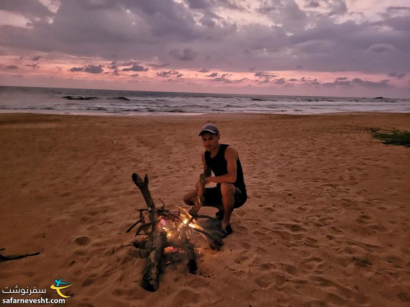 الکس مشغول آتش روشن کردن با کاکتوس های به ظاهر خشک ساحل