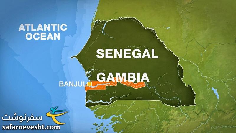 این نقشه سنگال و گامبیا به وضوح نشون میده چطور گامبیا توسط سنگال احاطه شده