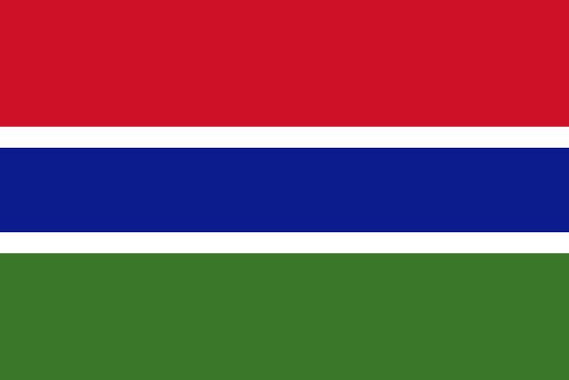 پرچم گامبیا. آبی نماد رودخانه گامبیا، سبز نماد جنگل، قرمز نماد خورشید و سفید نماد صلح