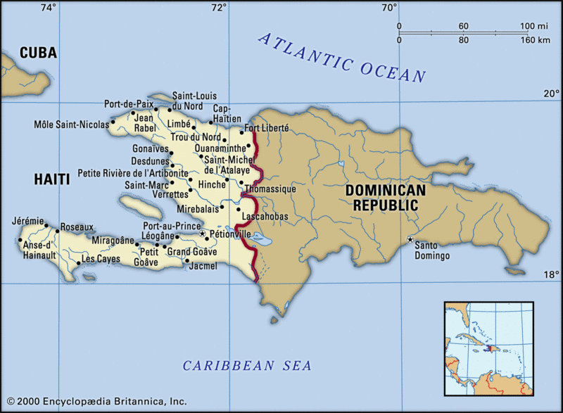 نقشه هائیتی که قسمت غربی جزیره هیسپانیولا رو به خودش اختصاص داده