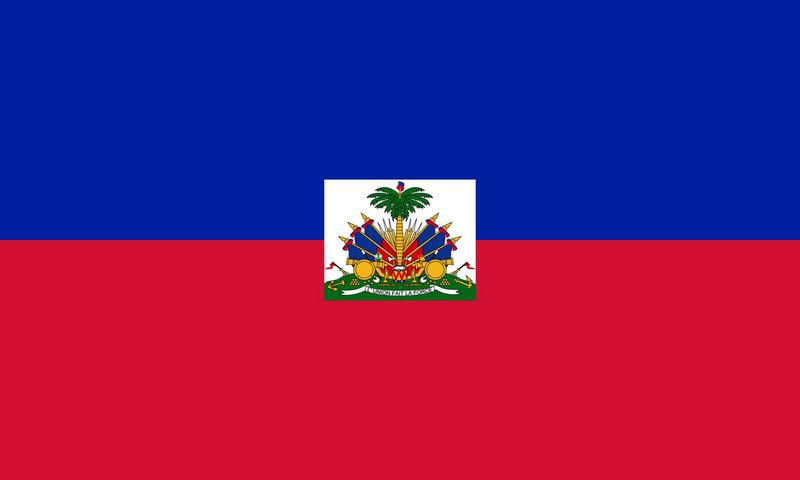 پرچم دو رنگ هائیتی که وسطش تعدادی سلاح سرد و گرم به همراه یک نخل روی تپه سبز رنگ قرار گرفته