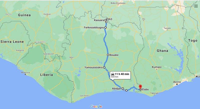 نقشه ساحل عاج و مسیری که در این کشور پیمودیم