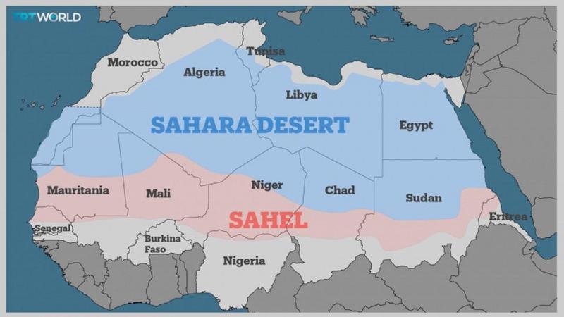 قسمت آبی رنگ صحرای آفریقا و قسمت قرمز رنگ منطقه ساحل هست