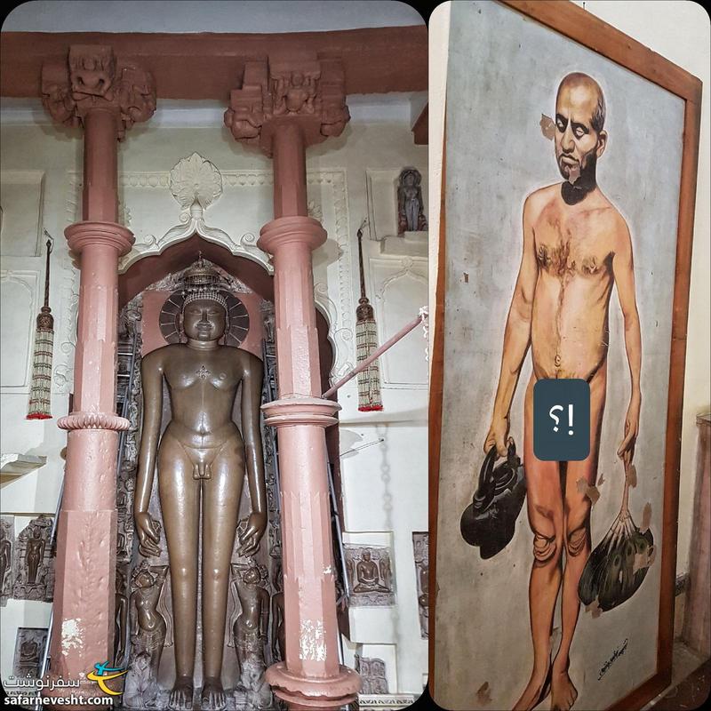 تندیس های مقدس آیین جین و عکسی از راهبان یکی از فرق آن در خاجوراهو – این راهبان حتی در اماکن رسمی مثل پارلمان، به صورت برهنه رفت و آمد می کنند.