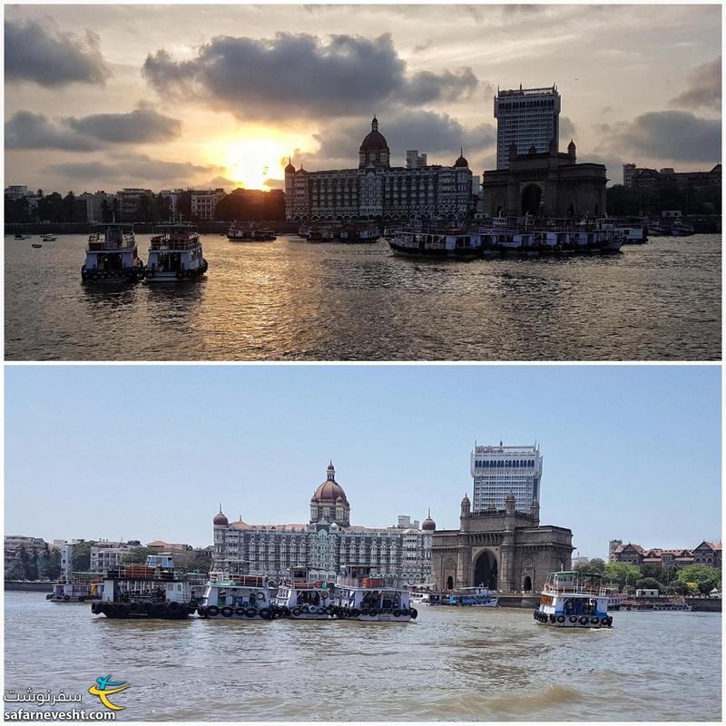 نمای دروازه هند و هتل تاریخی تاج محل از داخل قایق – من این شانس را داشتم که هم در نور روز و هم در موقع برگشت در هنگام غروب، عکس های خوبی بگیرم.