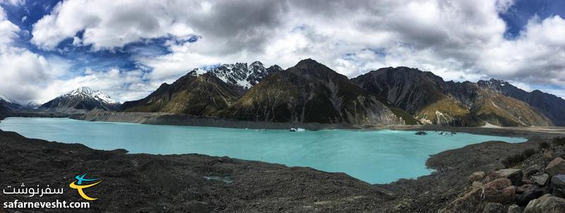 آب این دریاچه در کوهستان کوک نیوزلند هم از آب شدن یخچال های طبیعی میاد