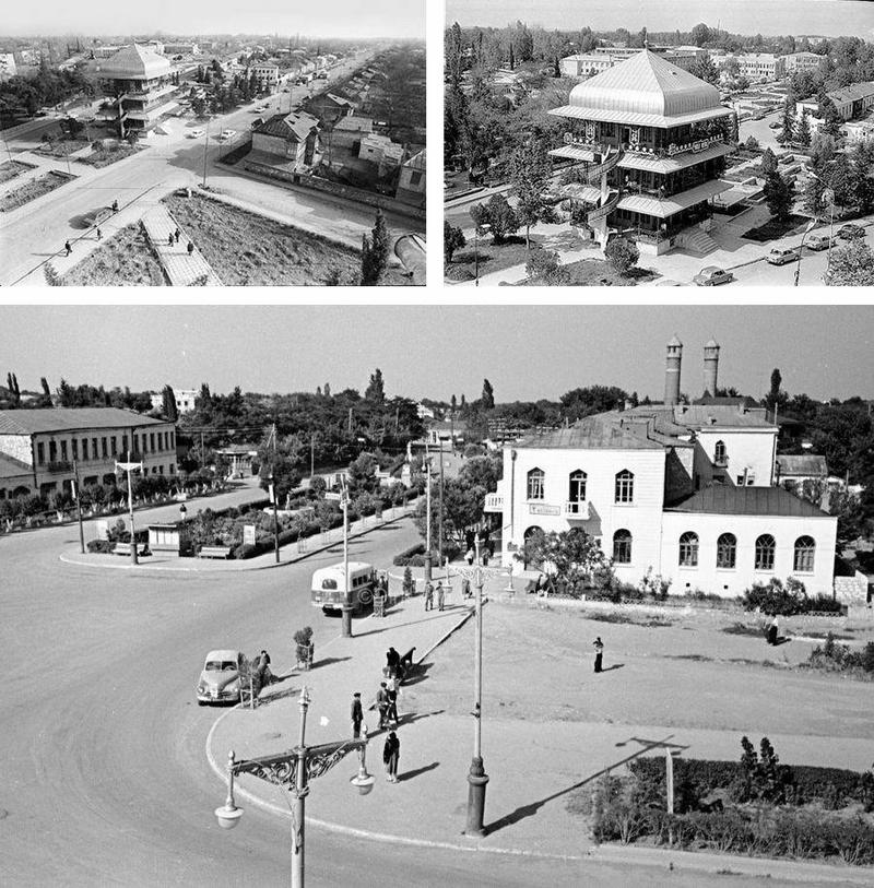 تصویری قدیمی از فضای شهر آغدام و عمارت چایخانه در دوران قبل از جنگ قره باغ (عکس از اینترنت)